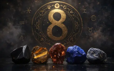 Pięć kamieni szlachetnych przed złotym znakiem nieskończoności i zodiaku. Numerologia 1 i 8.