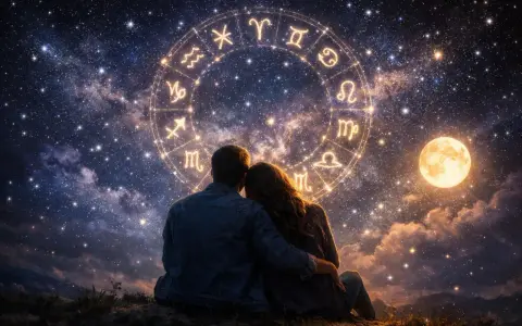 Para zakochanych patrzy na koło zodiaku, gdzie widnieją symbole Raka i Skorpiona. Księżyc i gwiazdy tworzą magiczną atmosferę.