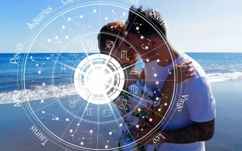 Para zakochanych na plaży, otoczona kołem zodiaku. Ich miłość jest jak numerologiczna 1 i 9 – jedność i spełnienie.