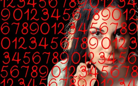 Kobieta pisze liczby, wśród nich numerologiczna 8 i 9.