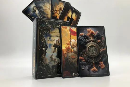 Rycerz monet z talii Prometheu Tarot, obok pudełka i innych kart.