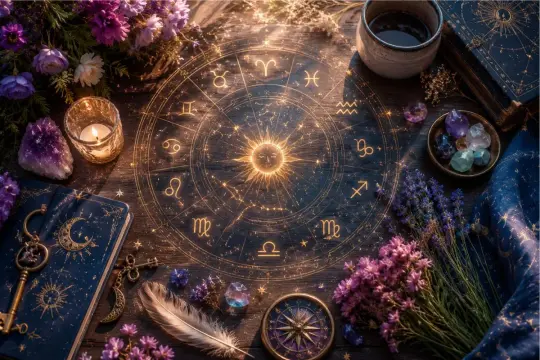 Magiczny krąg zodiaku, świeca, kryształy i kwiaty. Idealne do wróżby tarot tygodniowy rak.