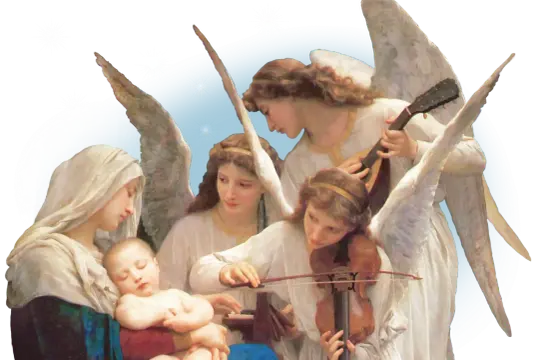 Anioły grające na instrumentach przy śpiącym Dzieciątku i Matce Bożej. Modlitwa do Archanioła Gabriela.