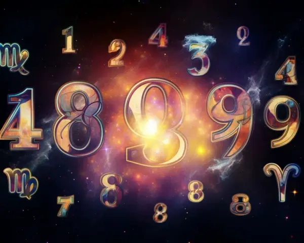 Kosmiczna wizja liczb, gdzie numerologiczna 1 i 11 splatają się z symbolami zodiaku i cyframi.