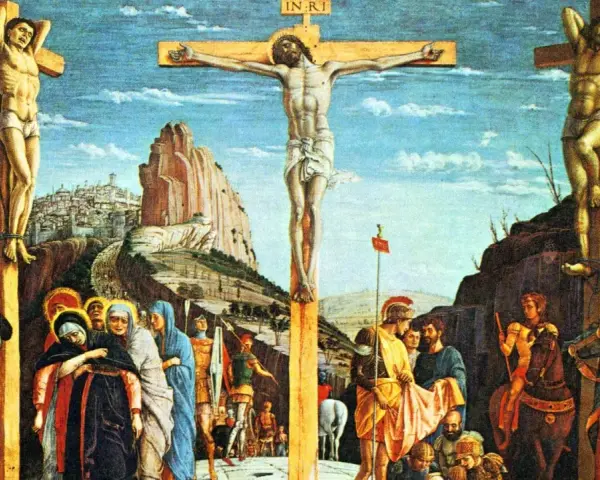 Pan Jezus na krzyżu, po bokach dwaj łotrzy. Scena ukrzyżowania z ludźmi u stóp krzyża i żołnierzami.