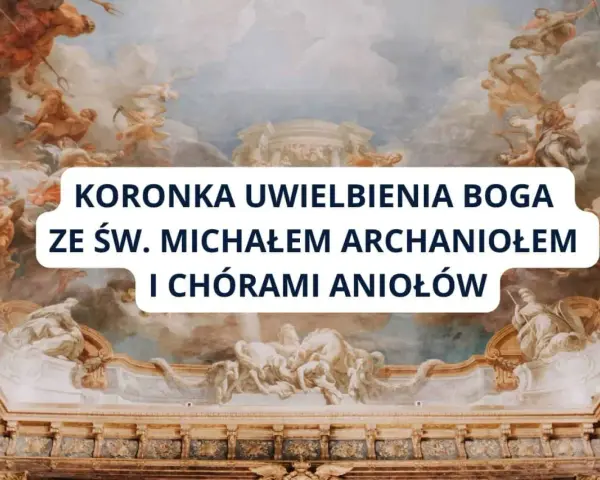 Koronka uwielbienia Boga ze św. Michałem Archaniołem i chórami aniołów. Niebiańska wizja w chmurach.