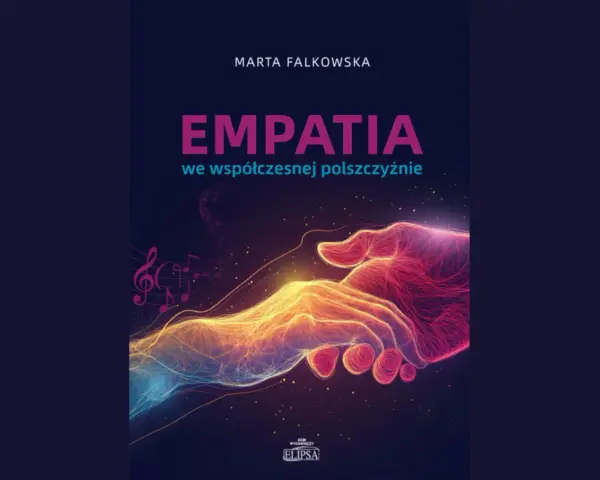 Okładka książki "Empatia we współczesnej polszczyźnie" Marty Falkowskiej. Dwie świetliste dłonie splatają się, symbolizując więź. Numerologiczna 9 kobieta odnajdzie w niej głębokie przesłanie.