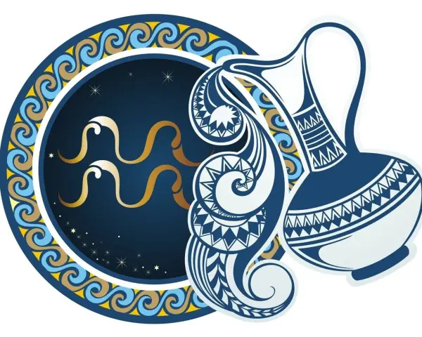 Symbol Wodnika, najbardziej wyjątkowy znak zodiaku, wylewa wodę z ozdobnego dzbanka na tle nocnego nieba.