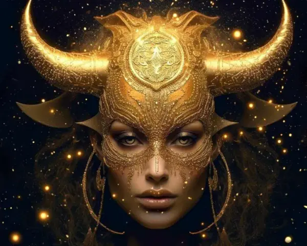 Złota maska z rogami byka, symbolizująca znak zodiaku Byk, otoczona migoczącymi gwiazdami.