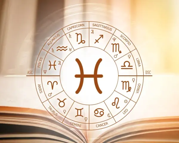 Zodiak z symbolem Ryb w centrum. Obok widnieje znak Bliźniąt, sugerując ich przyjaźń i wspólne poszukiwanie wiedzy.