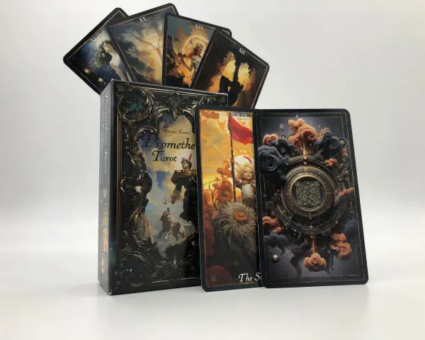 Rycerz monet z talii Prometheu Tarot, obok pudełka i innych kart.