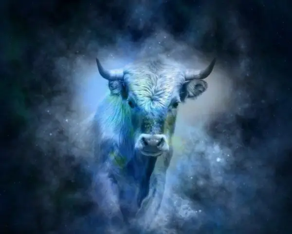 Byk, 21.05 znak zodiaku, majestatycznie kroczy przez kosmiczną mgławicę.