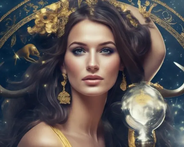 Kobieta z niebieskimi oczami i złotymi ozdobami, otoczona gwiazdami i symbolami zodiaku. To 23.09 znak zodiaku, czyli Panna.