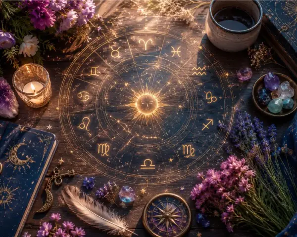 Magiczny krąg zodiaku, świeca, kryształy i kwiaty. Idealne do wróżby tarot tygodniowy rak.