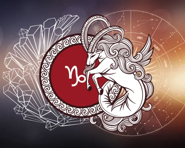 Symbol Koziorożca, 21.12 znak zodiaku, z fantazyjnym stworzeniem i kołem zodiaku.