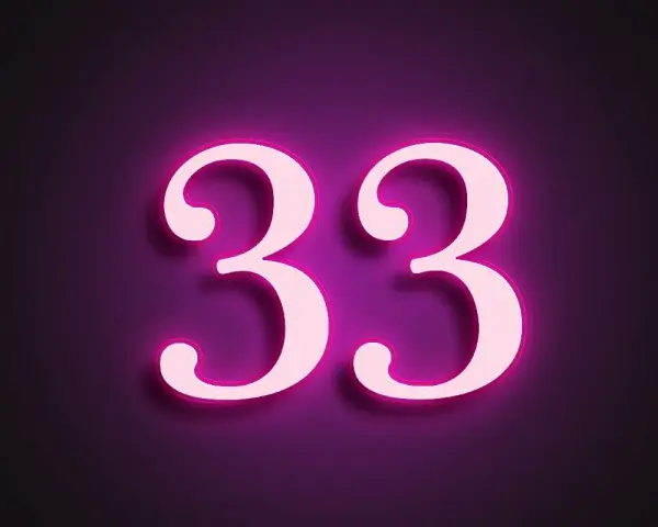 Lśniące cyfry 33 na fioletowym tle. Numerologiczna 6 z 33, symbolizująca mistrzowskie liczby.