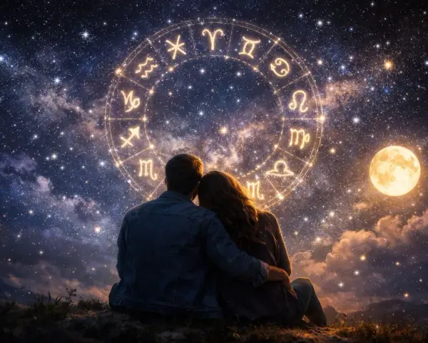 Para wpatrzona w gwiazdy, gdzie krąg zodiaku symbolizuje skorpion i waga związek. Księżyc w pełni oświetla ich wspólną drogę.
