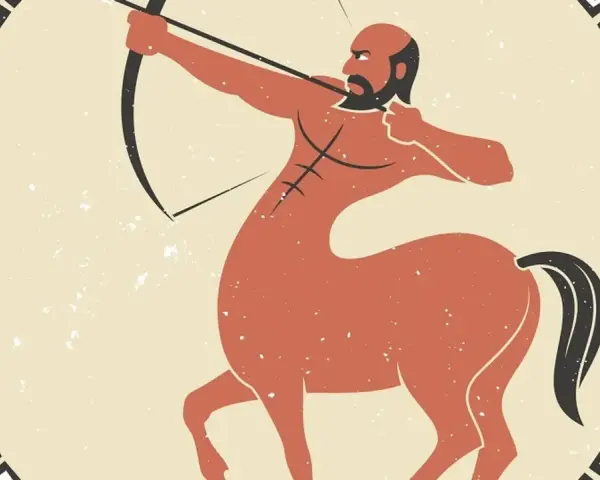 Centaur z łukiem, czy strzelec jest zazdrosny o cel? Stylizowana ilustracja w greckim stylu.