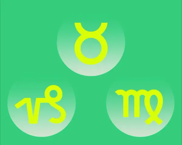 Trzy znaki ziemi: Byk, Panna i Koziorożec, otoczone symbolami zodiaku.