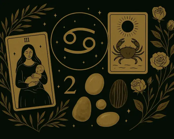 Znak rak od kiedy? Tajemnicza grafika z kartą Tarota, symbolem Raka i różami.