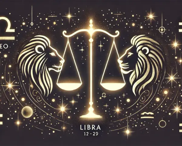 Zodiakalny lew i waga tworzą harmonijną całość. Symbolika gwiazd i planet podkreśla ich związek.