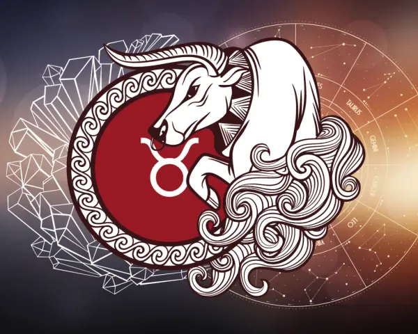 Symbol byka, symbolizujący najgorsze cechy byka, otoczony kryształami i kołem zodiaku.