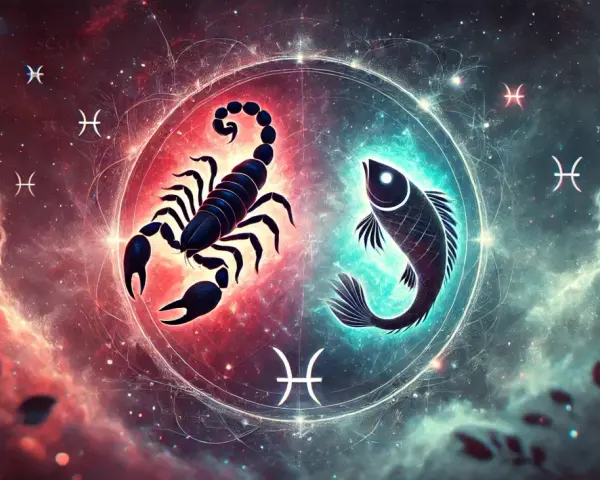 Skorpion i ryby w kosmicznym wirze. Symbolika znaków zodiaku na tle mgławic.