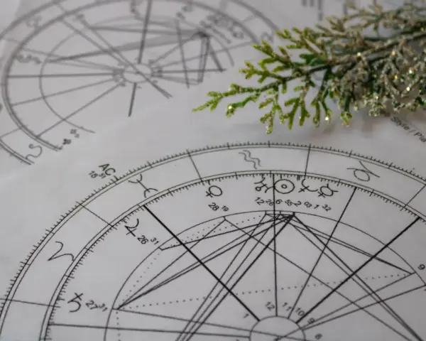 Złożone wykresy astrologiczne, kluczowe dla nauki o znakach zodiaku, leżą na stole, ozdobione gałązką.