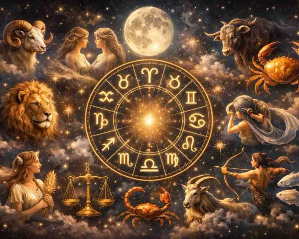 Znak zodiaku Waga od 23 września do 22 października. Gwiazdy i symbole zodiaku na nocnym niebie.
