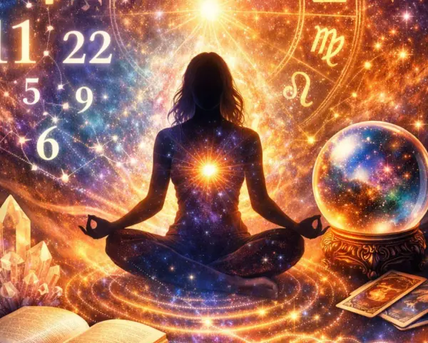 Kobieta w pozie medytacyjnej, otoczona kosmiczną energią, kryształami i tarota. W tle liczby i znaki zodiaku, symbolizujące rok numerologiczny 2.