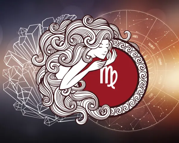 Znak zodiaku Panna, symbol dziewicy, otoczony kryształami i kołem zodiaku, tuż po znaku zodiaku po Lwie.