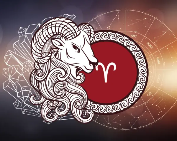 Baran jaki żywioł – symbol zodiaku z ozdobną grzywą i rogami, otoczony kryształami i kołem zodiaku.