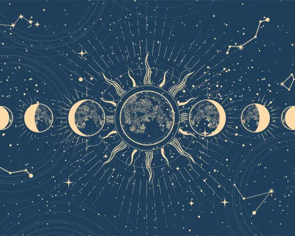 Cykl faz księżyca i słońce na tle nocnego nieba z gwiazdami i konstelacjami. Symbolizuje nowy rok astrologiczny i kosmiczne przemiany.