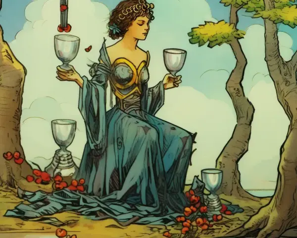 Kobieta w niebieskiej sukni trzyma kielichy, otoczona przez cztery kielichy tarot i czerwone owoce.