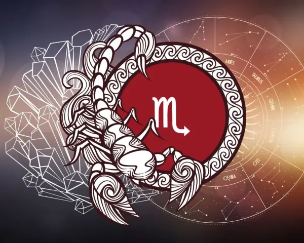 Skorpion, 23.10 znak zodiaku, z symbolem i konstelacjami.