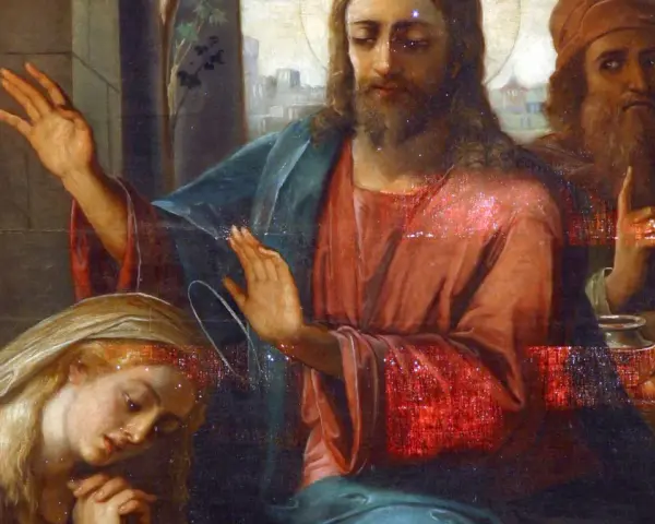Jezus błogosławi Marię Magdalenę, która klęczy u jego stóp. W tle widać innych mężczyzn.