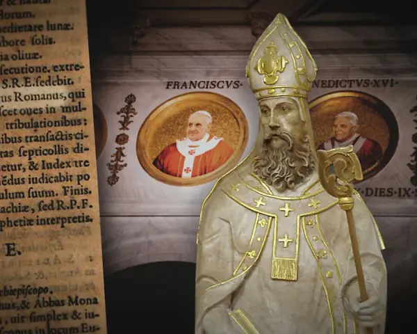 Starożytny tekst, w tym proroctwo Malachiasza, obok posągu papieża i portretów Franciszka, Benedykta XVI i Jana Pawła II.