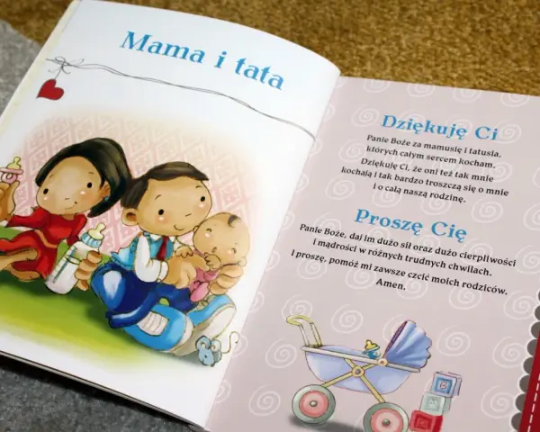 Ilustracja przedstawia rodzinę: mamę, tatę i dziecko. To piękny obrazek do modlitwy rodziców za dzieci.