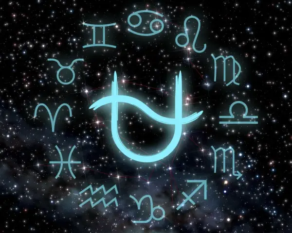 Jasny symbol Panny w zodiaku otoczony innymi znakami, na tle rozgwieżdżonego nieba.