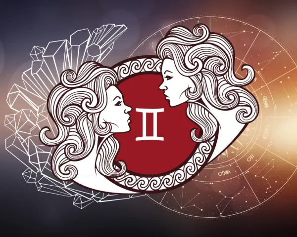 Dwie twarze Bliźniąt patrzą na siebie, symbolizując ich związek. W tle koło zodiaku i kryształy.
