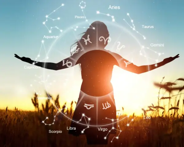Sylwetka kobiety na tle zachodzącego słońca, otoczona kołem zodiaku. Każdy znak zodiaku, jak 20.06 znak zodiaku, jest widoczny.