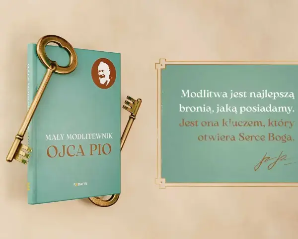 Książka "Mały modlitewnik Ojca Pio" z kluczami, symbolizującymi otwarcie Serca Boga. Dzień 3 nowenny do miłosierdzia Bożego.