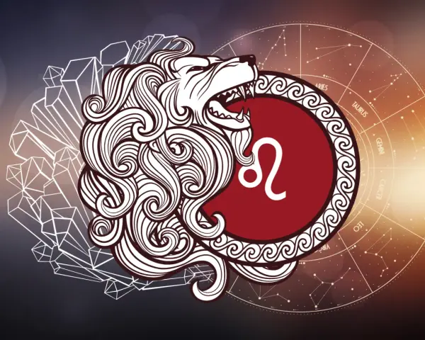 Stylizowany lew, symbol znaku zodiaku Lew, z jego datą urodzenia. W tle koło zodiaku i kryształy.