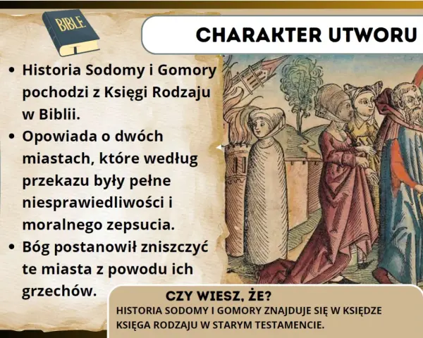 Historia Sodomy i Gomory, streszczenie z Biblii, opowiada o zniszczeniu grzesznych miast. Ilustracja przedstawia biblijną scenę.