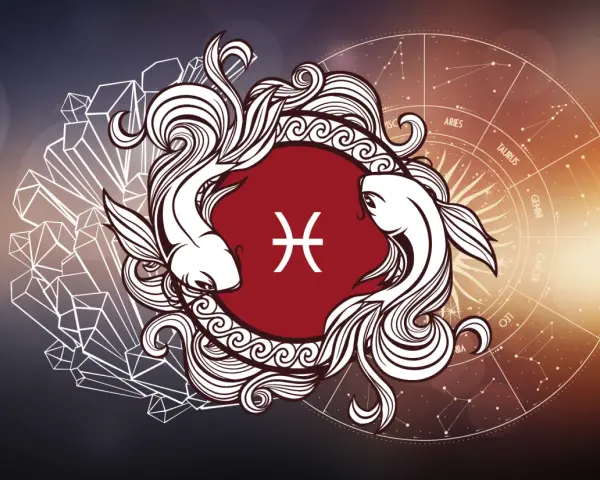 Dwa stylizowane ryby otaczają symbol Ryb, na tle koła zodiaku i kryształów.