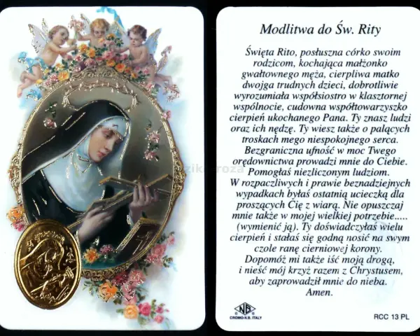 Święta Rita, patronka trudnych spraw, w otoczeniu aniołków i kwiatów, trzyma krzyż. Modlitwa do św. Rity.