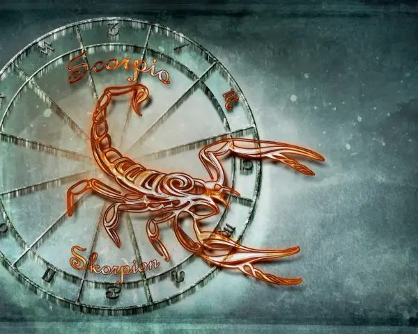Skorpion i Waga: symboliczna przyjaźń między znakami zodiaku. Skorpion na tle koła zodiaku.