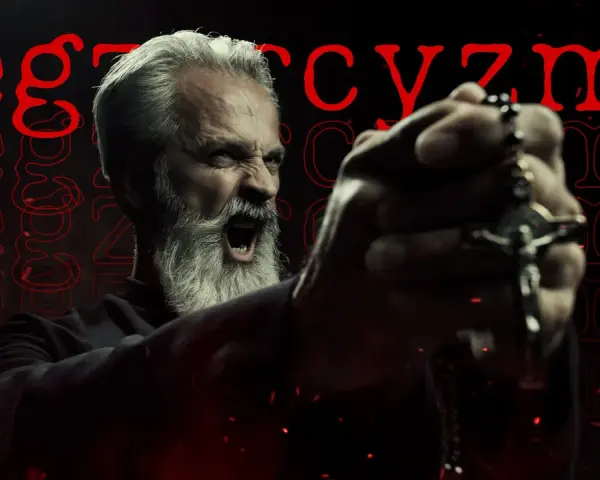 Gniewny mężczyzna z siwą brodą i różańcem w dłoni, krzyczący w ciemności. Słowo "egzorcyzm" widoczne w tle.