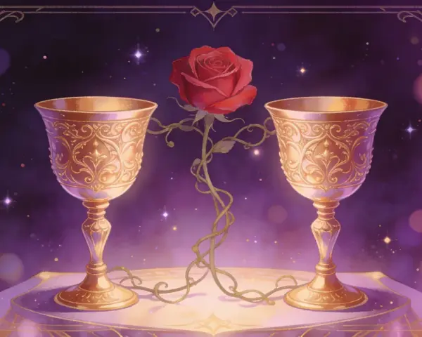 Dwa złote kielichy, połączone pnączem z czerwoną różą, symbolizują pełnię uczuć i harmonię. To obraz 10 pucharów tarot.