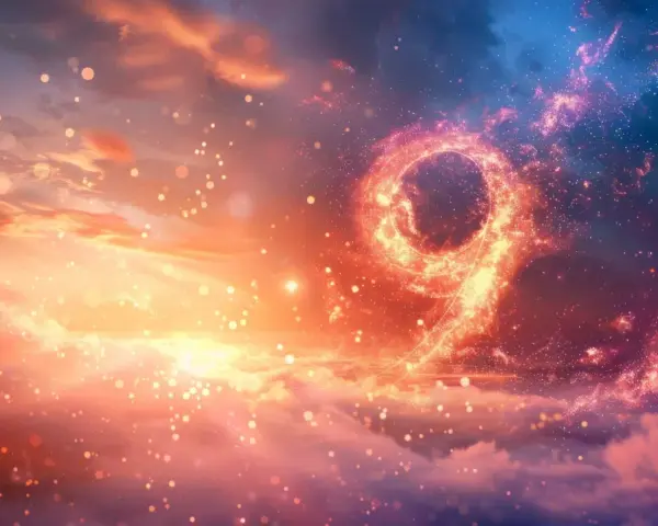 Jasny, świetlisty numer 9 w chmurach, symbolizujący 9 rok numerologiczny.